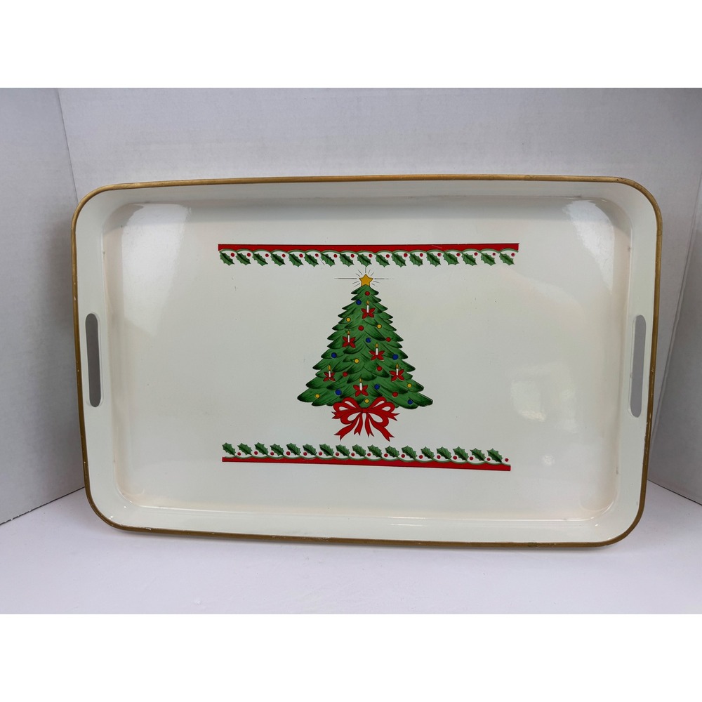 Vintage Otagiri Christmas Tree Melamine Serving Tray Gold Trim Holly Border